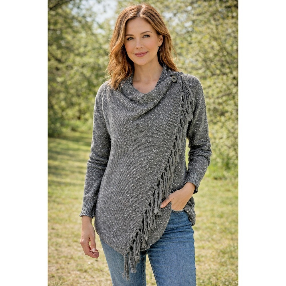 Ceasikery Womens S Gray‎ Asymmetrical Button Wrap Sweater Tassels Boho Western